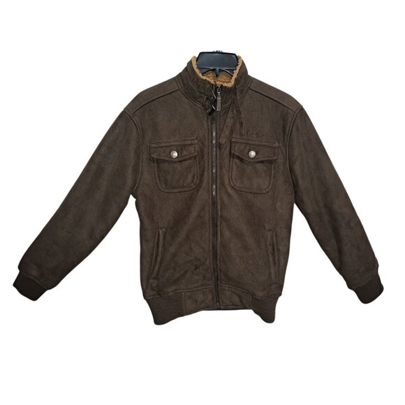 Karl Kani Gold Mens Brown Faux Suede Jacket Sherpa Lined Bomber Zip M - Picture 1 of 8
